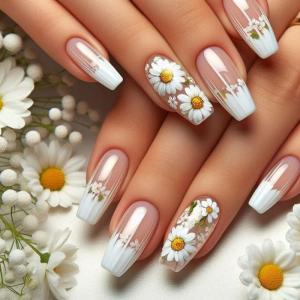 Flower Press on Nail False Nail French Tip Nail Stick ons Colorful Flowers Acrylic Nail Full Cover Artificial Nail 24Pcs
