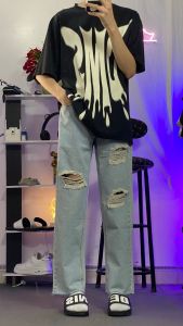 quần suông ống rộng màu bac rách  TẶNG THẮT LƯNG CHUN