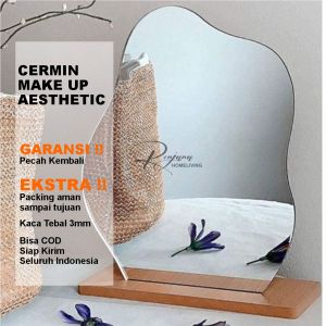 Cermin Makeup Meja Aesthetic dengan Stand Kayu - Kaca 3mm Premium