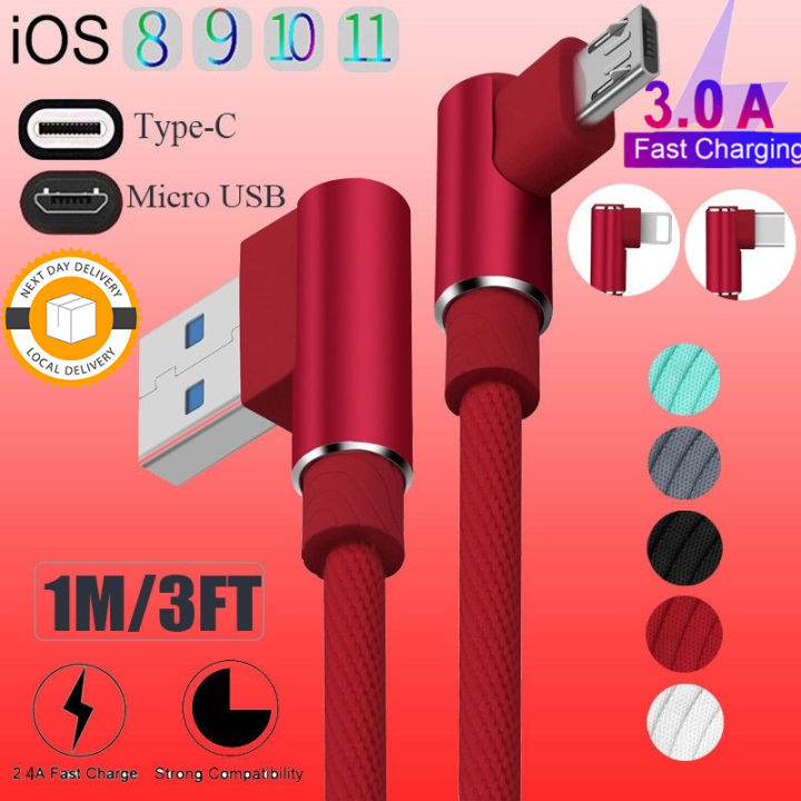 2M/1M 90 Degree Fast Charger USB Cord 3.0A Android Micro USB /Type -C ...
