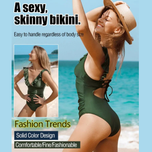 Womens Ruffle Multicolor Swimsuit Lace Up VNeck One Piece Swimsuit