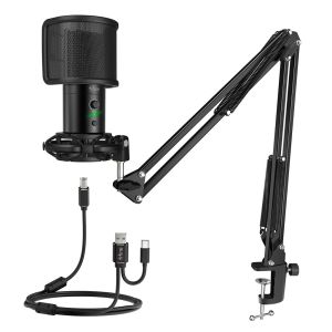 Fifine T683 USB Gaming Streaming Cardioid Condenser Microphone Kit with Arm Stand Mute Button & Gain for recording
