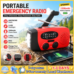 Portable Emergency Radio AM/FM/WB Hand Crank Solar Charging 1200mAh Power Bank 3 LED Flashlight IPX3 Waterproof