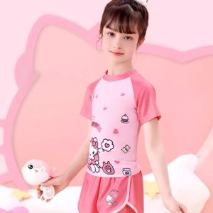 Đồ bơi bé gái tay ngắn quần rời họa tiết Hello Kitty màu hồng siêu đáng yêu có size cho bé tới 40kg