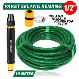 Paketan selang Air Serat Benang 1/2" Anti Lumut Anti Tekuk Semprotan Kepala Selang Full Besi Kencang - Selang Air Serat Benang + Nozzle Semprotan Konektor & Klem Semprot Cuci Motor