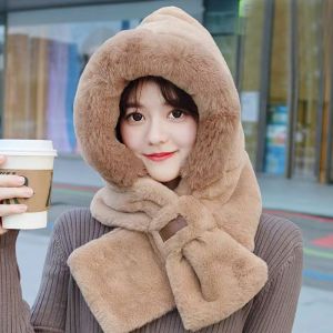 HESONG Plush Integrated Cap Scarf Windproof Thickening Beanie Hat Scarf Winter Warm Ear Protection Cap for Women