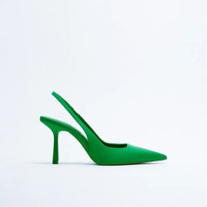 Free Shipping Spring New Collection: Pointed-Toe Stiletto-Heeled Mid-Heel Pumps Open-Back Sandals High-Heeled Shoes Green WomenS Shoes