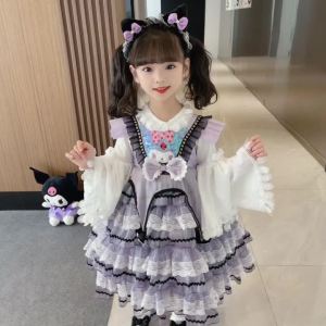 2024Kawaii Sanrio Kuromi สาวชุดโลลิต้าหวาน Girly ลูกไม้ชุดเจ้าหญิงการ์ตูนจีบชุดฤดูใบไม้ร่วงฤดูหนาวเสื้อผ้าเด็ก
