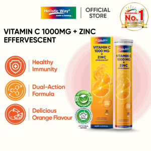 [Exp: Jan 2027] Holistic Way Vitamin C 1000mg + Zinc Effervescent – Supports Immunity Antioxidant Protection & Daily Stress Defence — Halal | Vegetarian | Orange Flavour (20 Tablets per box)