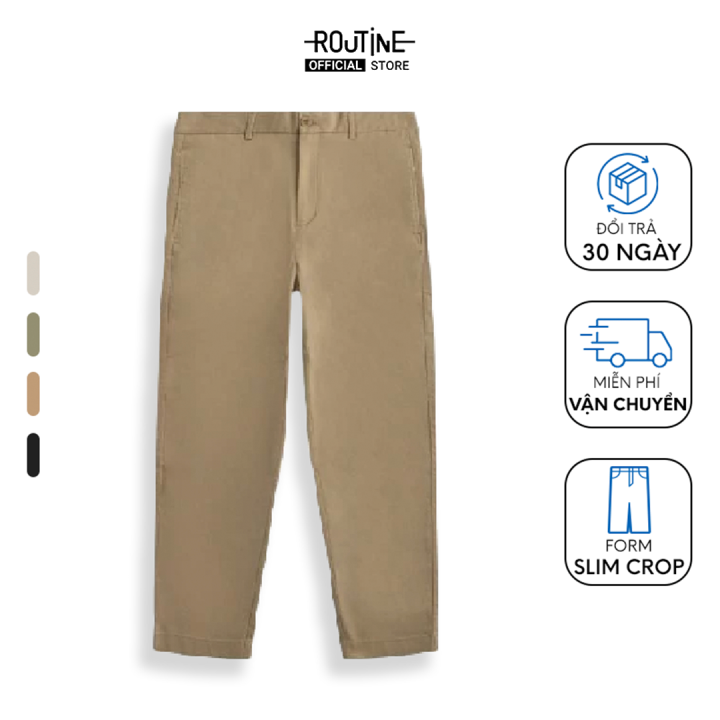Quần Kaki Nam Cotton Gập Ly Trơn Form Slim Crop - Routine 10S23PCA001