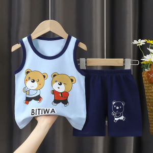 Summer new childrens vest set boys shorts summer cotton cute cartoon thin baby clothes casual home clothes childrens clothes 1-6 years old baby clothes childrens clothing