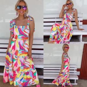 Women Spaghetti Strap Colorful Print Boho Casual Loose Long Dress for Summer Beach Holiday㏇X0407
