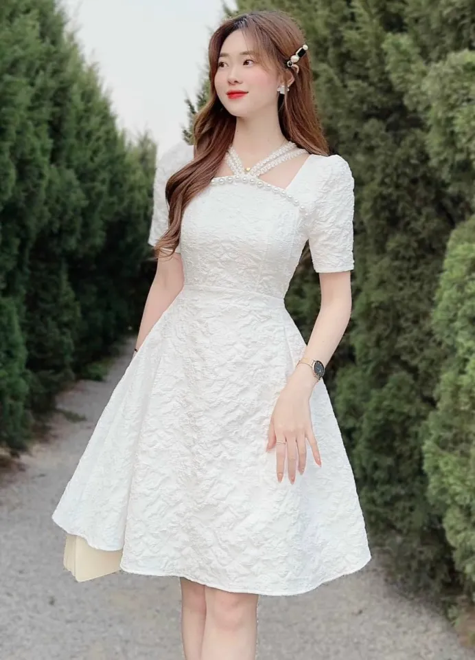 Váy trắng 2 dây dự tiệc cưới đơn giản, dễ thương #3031