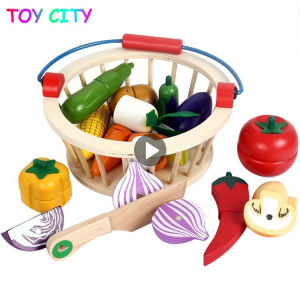 Wooden pretend Play Fruit and Vegetables Cutting Food Set for Kids Montessori Kitchen toy for Toddlers 2-6 years