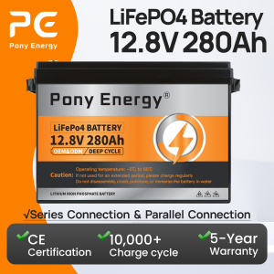 Pony Energy 12V 280Ah LiFePO4 Battery 12V for Solar 3584Wh BMS(200A) with Voltage Display Series-Connectible Grade A cells 10000+ CycleLife Lithium iron phosphate