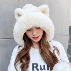 YYLINGX Cats Ear Warm Knitted Hats Earflap Cap Cartoon Thicken Hat Cute Plush Fluffy Skiing Hat Winter