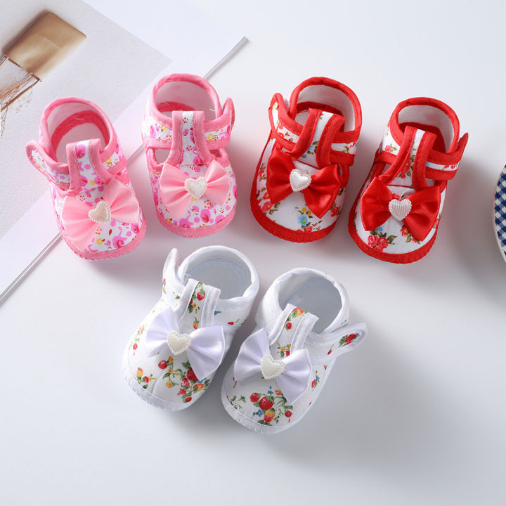 Local 2-3 Days Delivery Baby Girls Flat Shoes Soft Sole Bowknot Flower  Print Non-slip Indoor Outdoor Toddler Shoes
