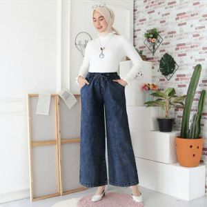 Celana Kulot Jeans Wanita Jumbo Pinggang Elastis Bahan Denim Non Stretch