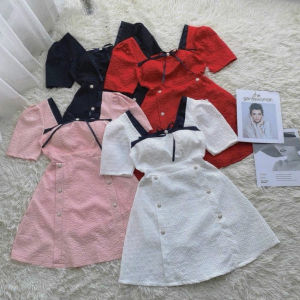 🔥[C275] Đầm xòe chữ A nữ dự tiệc kiểu CỔ VUÔNG phối NƠ ĐEN và NÚT dáng ngắn mini sang trọng - Kholenqc