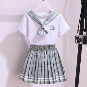 Wander เสื้อผ้าเด็กผญ กระโปรงแฟชั่น ญ เด็กผู้หญิง jk ชุดสูทเด็กฤดูร้อนสไตล์มหาวิทยาลัยกระโปรงจีบแขนสั้น + กระโปรงชุดสองชิ้น2359