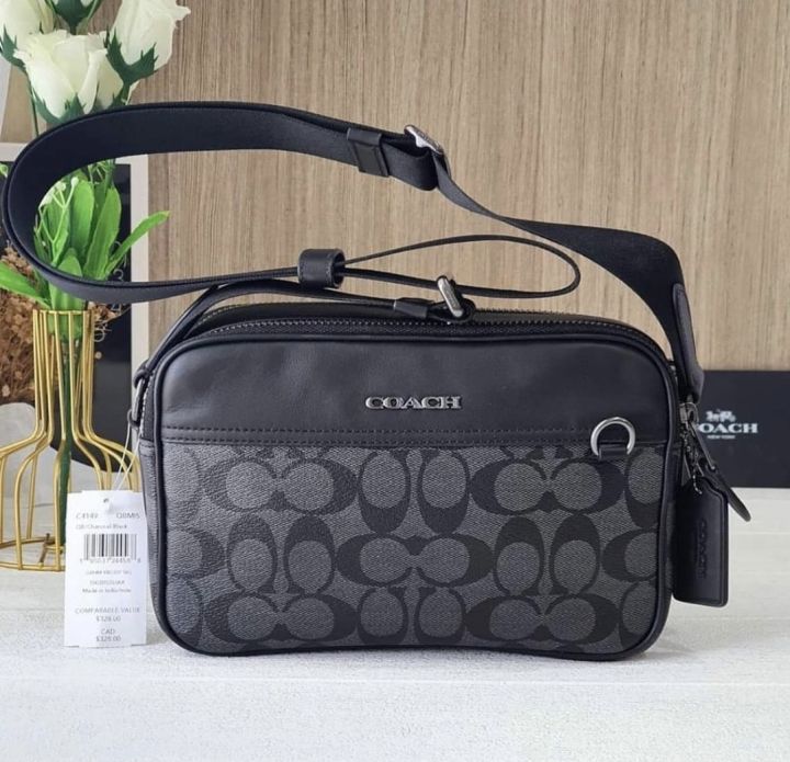 C.O.A.C.H C4149 Graham Double Zip Crossbody Bag Charcoal Signature