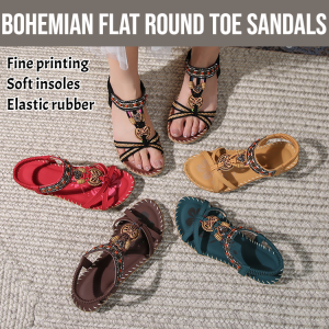 2025 Yasrun New Bohemian Flat Round Toe Sandals For Women Handmade Women Sandals Ethnic Style Flat Shoes Casual Slip-On Shoes