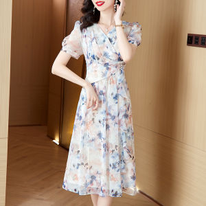 Impression Fashion Women Elegant French Chiffon Floral V-neck Short Sleeve Tunic High Waist A-line Midi Dress