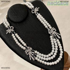 [COD] WEICHENG Elegant Pearl Necklace And Earring Set With Butterfly Knot Retro French Style Multi-layer Chain Collarbone Necklace