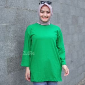 Kaos Oversize Wanita Lengan Panjang 7/8 Basic Polos Belah Samping Atasan Jumbo XXL Dewasa Hijab OOTD