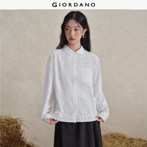 Giordano Women Polka dot doll collar ruffle hem shirt Free Shipping 18346727