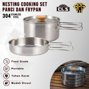 Nesting Cooking Set Peralatan Masak Camping Hiking Panci 17 L Fry Pan 07 L Plus Storage Mesh Bag Stainless