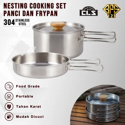 Nesting Cooking Set Peralatan Masak Camping Hiking Panci 17 L Fry Pan 07 L Plus Storage Mesh Bag Stainless