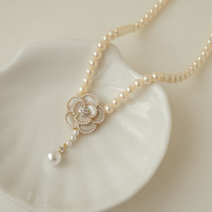 good 999 Korean fashion Camellia Pendant Pearl Tassel Sweet Flower Necklace N7084-7085