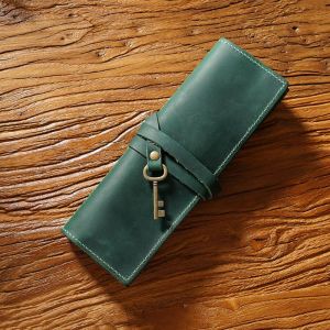 CUNXIN Genuine Leather Genuine Leather Pencil Case Pens Bag Tie Rope Foldable Leathe Pencil Bag Storage Bags Foldable Nature Cowhide Pen Protection Bag Stationery