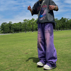 FATEEGG Purple Jeans High Street American Style Streetwear Hip-Hop Retro Straight Loose Wide-Leg Long Pants for Men