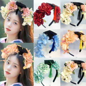 FSFDS Master Flowers Hair Band Doctor Bachelor Academic Hat with Tassels Durable Charm Ornament Trencher Cap Graduation Season