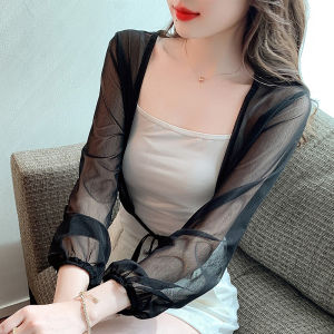 Impression Fashion Women Elegant Korean Plain Chiffon Long Puff Sleeve Short Sun-protective Shawl Cardigan