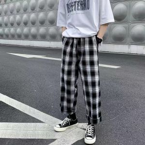กางเกงขายาวลายสก็อตสไตล์เกาหลีย้อนยุคกางเกงขาตรงทรงหลวมสำหรับผู้ชาย