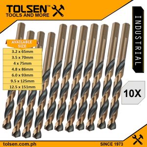 Tolsen 10pcs Black & Gold HSS Drill Bits (3.2 | 4 | 4.8 | 6 | 9.5 | 12.5mm) For Metal and Stainless Industrial Grade