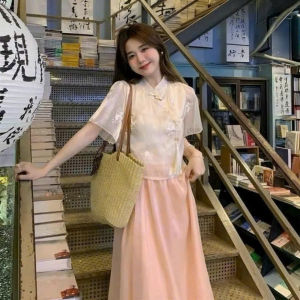 Set hán phục đi lễ Tết set đồ đi chùa thiết kế chất Tơ thêu hoa áo nút tàu tua rua mix váy dài Voan Tơ 2 lớp