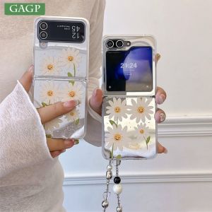 Luxury Flower Daisy Case for Samsung Galaxy Z Flip 3 4 5 6 Plating Mirror PC Z Flip 5 Flip6 Cover Strap Hand Chain Bracelet Bag