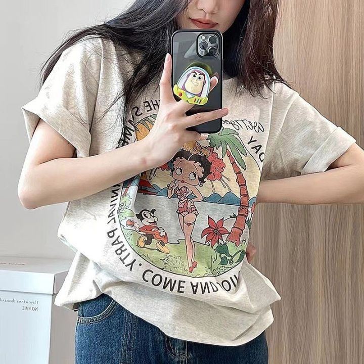 ️🔥ใหม่ เสื้อยืดลําลองสําหรับสตรี ผ้าฝ้าย 100% แขนสั้น พิมพ์ลาย ขนาด ...