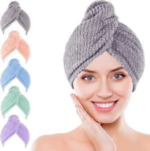 Khăn quấn sấy tóc mềm mại chất liệu sợi vi mô bộ 5 chiếc có độ co giãn. Khăn lau tóc khô nhanh chống rối dành cho tóc dày dài xoăn lượn sóng dành cho nữ có nút cài