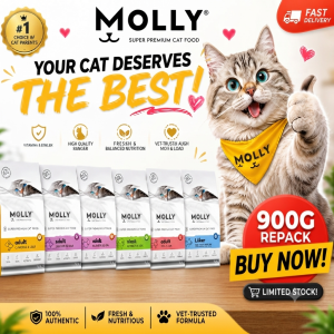 [REPACK 900G] Molly Super Premium Cat Food - Adult Hairball Chicken Shiny Hair Salmon Shrimp Indoor Light Sterilised Kitten & Mother