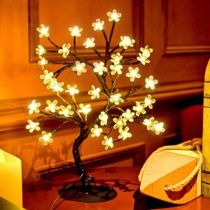 Cherry Blossom Tree Light17inch 40LED Lighted Tabletop Artificial Flower Bonsai Tree Lamp USB Powered Gifts for Home Decor Room Office Party Wedding Christmas Decorations(Warm White)