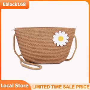 Bali Vintage Handmade Crossbody Leather Bag Round Straw Beach Bag Girls Circle Rattan bag Small Bohemian Shoulder bag(Brown)