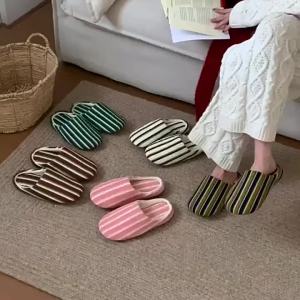 XIXITIAO Home air-conditioned room floor shoes personalized spring and summer men and womens couple student Baotou retro color-blocked stripes cotton slippers