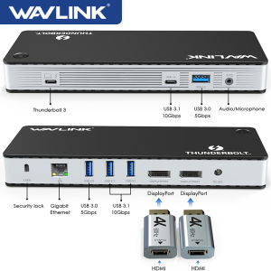 WAVLINK 8K Dual HDMI Dual DisplayPort Thunderbolt 3 Docking Station with 60W ChargingDual DisplayPort 1.4 3xUSB 3.1 2 xUSB 3.0 Gigabit Ethernet Audio Support 144hz Gaming Monitorfor MacBook Pro 2019/2018/2017/2016& USB-C computer with USB3.1 Gen.2