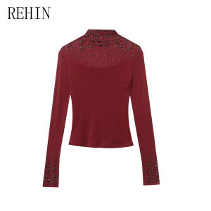 Rehin cao cấp châu Âu Rhinestone nửa-cao cổ lớp lót tay áo dài T-Shirt mùa thu độc đáo & phong cách bên trong của phụ nữ hàng đầu