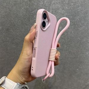 With Phone Strap Leather Matte Case For iPhone 16 11 13 15 14 12 Pro Max XR X XS 14 15 Plus Candy Color Shockproof Back Cover